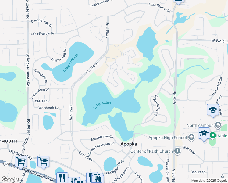 map of restaurants, bars, coffee shops, grocery stores, and more near 1106 Villa Lane in Apopka