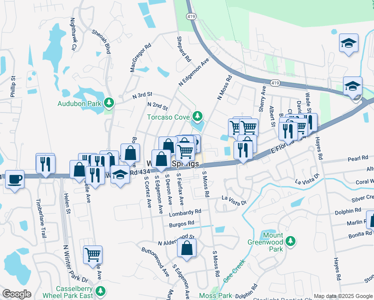 map of restaurants, bars, coffee shops, grocery stores, and more near in Winter Springs