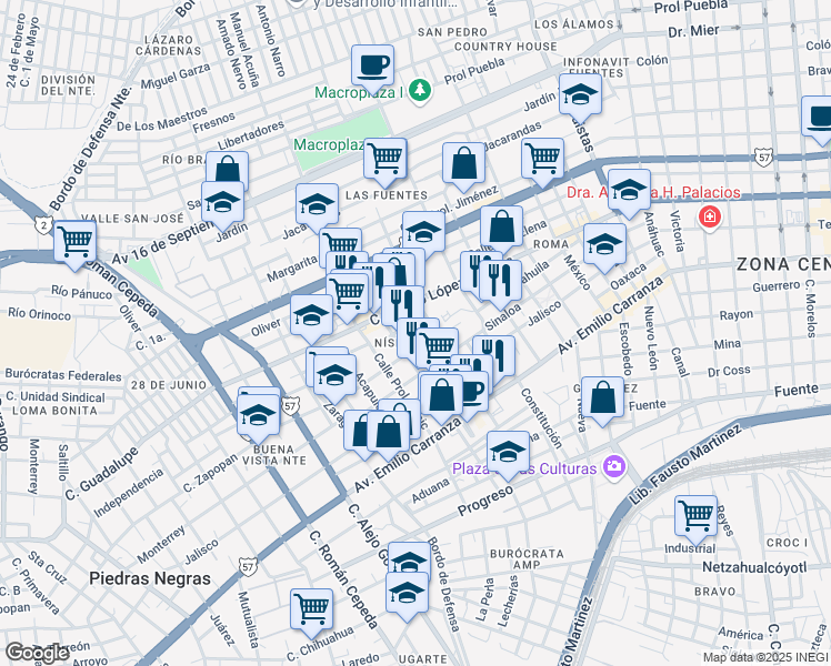 map of restaurants, bars, coffee shops, grocery stores, and more near Saltillo in Piedras Negras