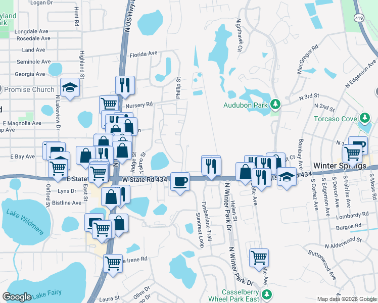 map of restaurants, bars, coffee shops, grocery stores, and more near 550 Harbor Winds Court in Winter Springs