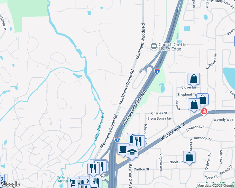 map of restaurants, bars, coffee shops, grocery stores, and more near 340 Markham Woods Road in Longwood