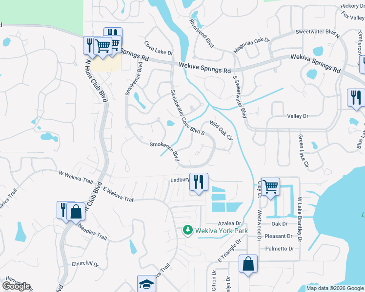 map of restaurants, bars, coffee shops, grocery stores, and more near 524 Springcreek Drive in Longwood