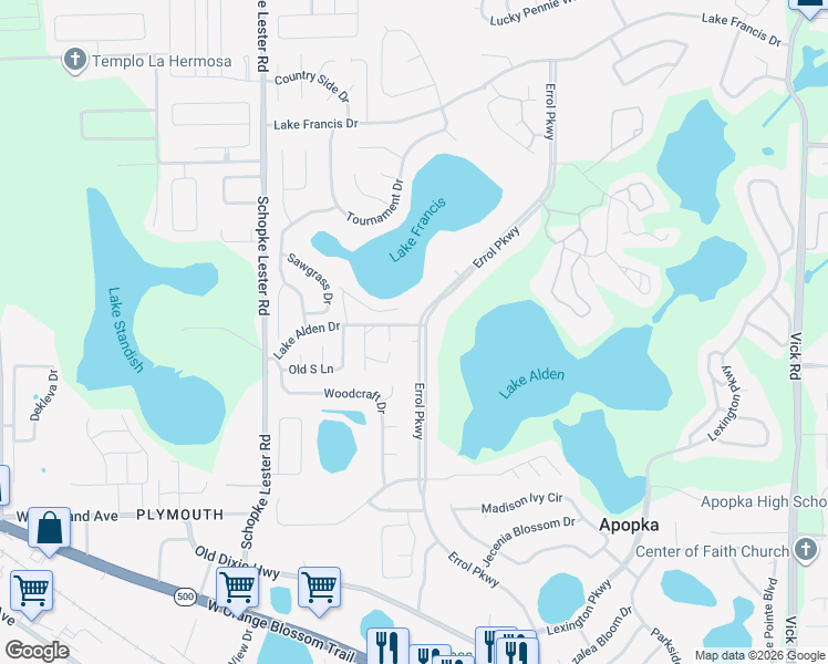 map of restaurants, bars, coffee shops, grocery stores, and more near 1064 Errol Parkway in Apopka