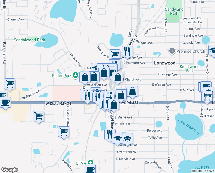 map of restaurants, bars, coffee shops, grocery stores, and more near 130 West Warren Avenue in Longwood