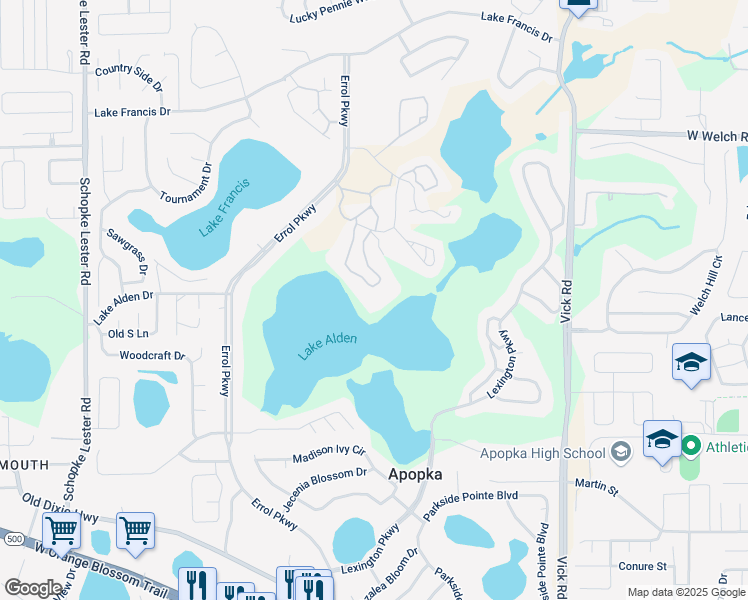 map of restaurants, bars, coffee shops, grocery stores, and more near 1126 Villa Lane in Apopka