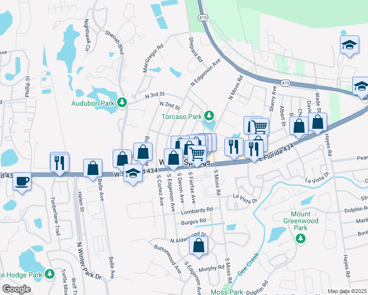 map of restaurants, bars, coffee shops, grocery stores, and more near in Winter Springs