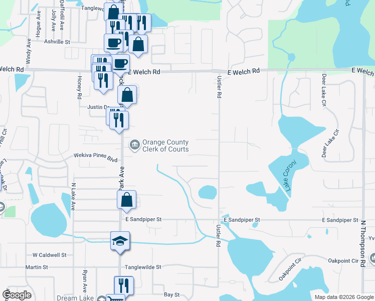 map of restaurants, bars, coffee shops, grocery stores, and more near 409 Chinahill Court in Apopka