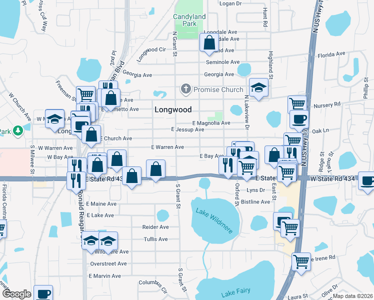 map of restaurants, bars, coffee shops, grocery stores, and more near 541 East Bay Avenue in Longwood