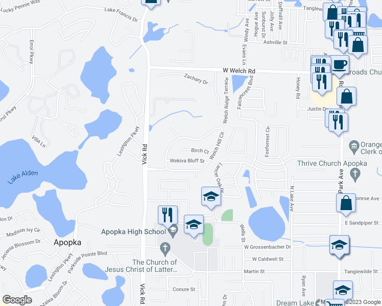 map of restaurants, bars, coffee shops, grocery stores, and more near 556 Birch Court in Apopka