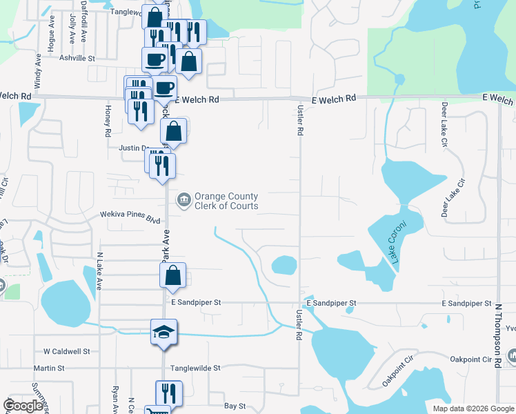 map of restaurants, bars, coffee shops, grocery stores, and more near 409 Chinahill Court in Apopka