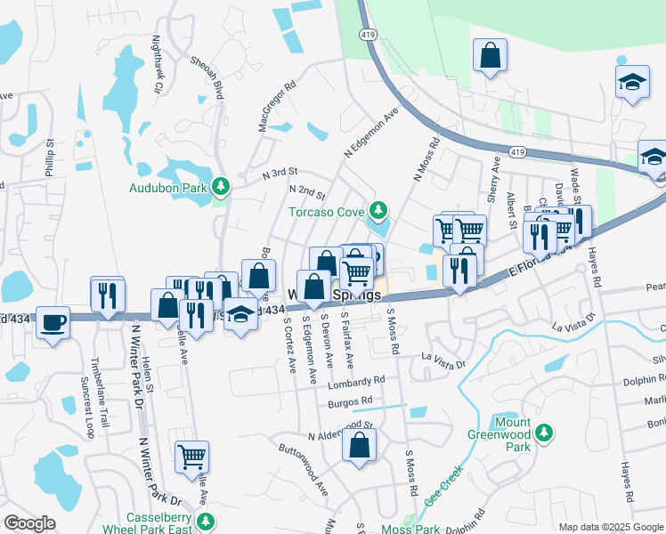 map of restaurants, bars, coffee shops, grocery stores, and more near in Winter Springs