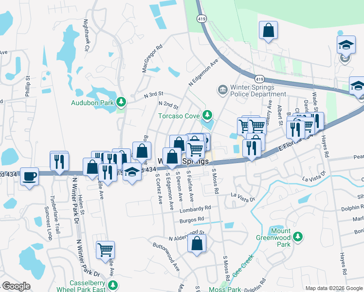 map of restaurants, bars, coffee shops, grocery stores, and more near in Winter Springs
