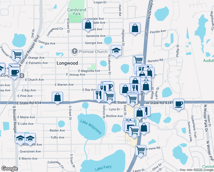 map of restaurants, bars, coffee shops, grocery stores, and more near 182 East Bay Avenue in Longwood