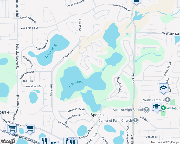 map of restaurants, bars, coffee shops, grocery stores, and more near 1126 Villa Lane in Apopka