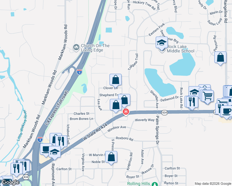 map of restaurants, bars, coffee shops, grocery stores, and more near 107 Shepherd Trail in Longwood