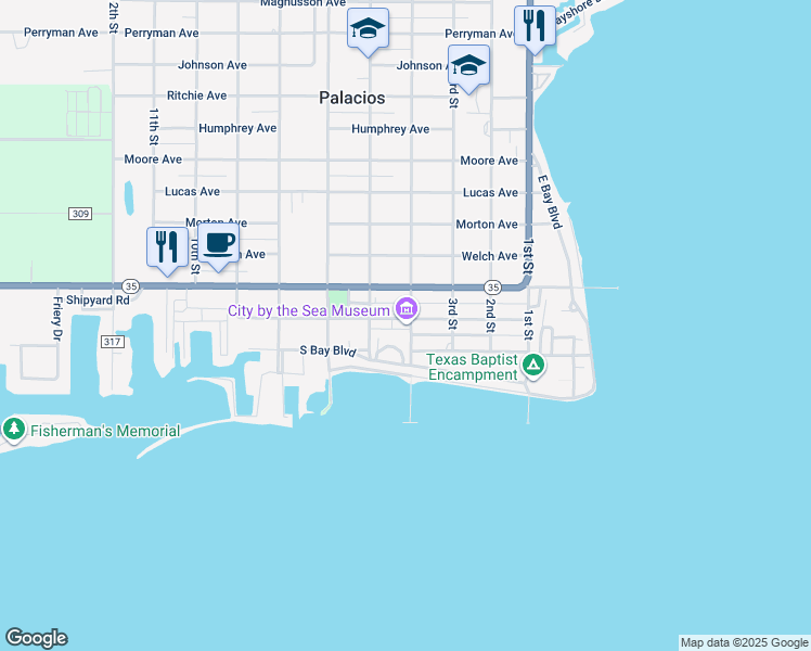 map of restaurants, bars, coffee shops, grocery stores, and more near 401 Commerce Street in Palacios