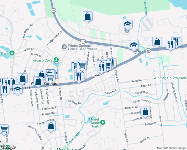 map of restaurants, bars, coffee shops, grocery stores, and more near 416 East State Road 434 in Winter Springs