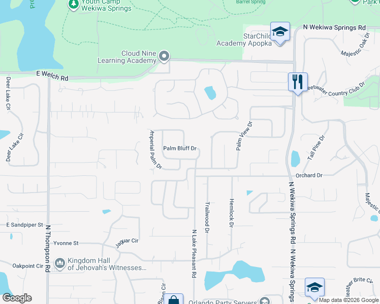 map of restaurants, bars, coffee shops, grocery stores, and more near 1244 Palm Bluff Drive in Apopka