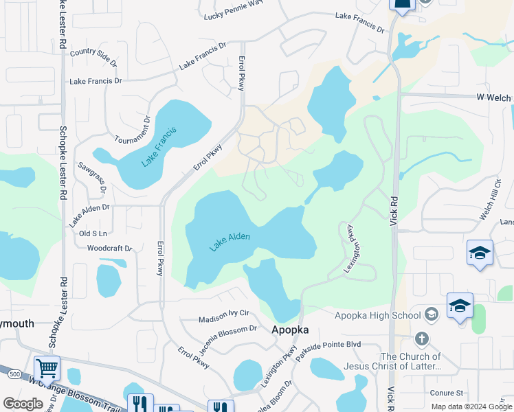 map of restaurants, bars, coffee shops, grocery stores, and more near 1126 Villa Lane in Apopka