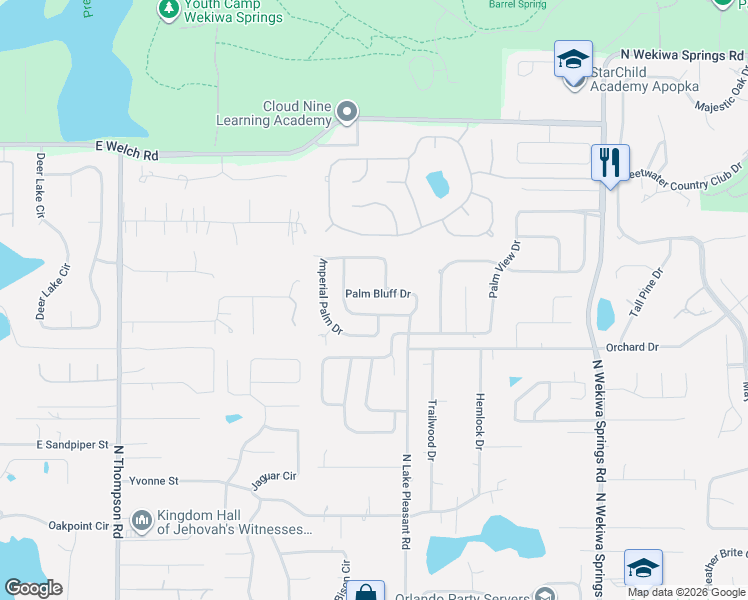 map of restaurants, bars, coffee shops, grocery stores, and more near 1710 Palm Beach Drive in Apopka