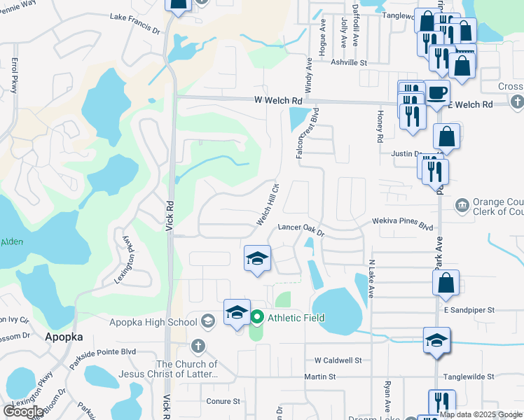 map of restaurants, bars, coffee shops, grocery stores, and more near 501 Birch Court in Apopka