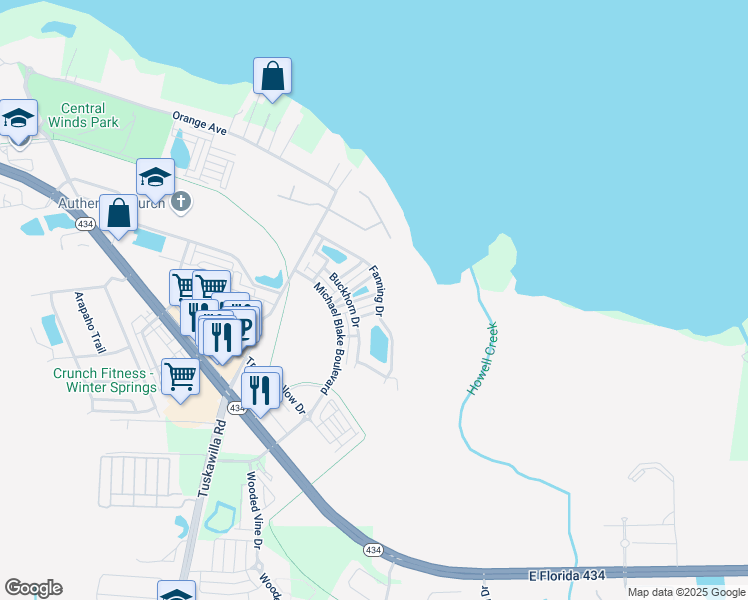 map of restaurants, bars, coffee shops, grocery stores, and more near 981 Eagle Bay Street in Winter Springs