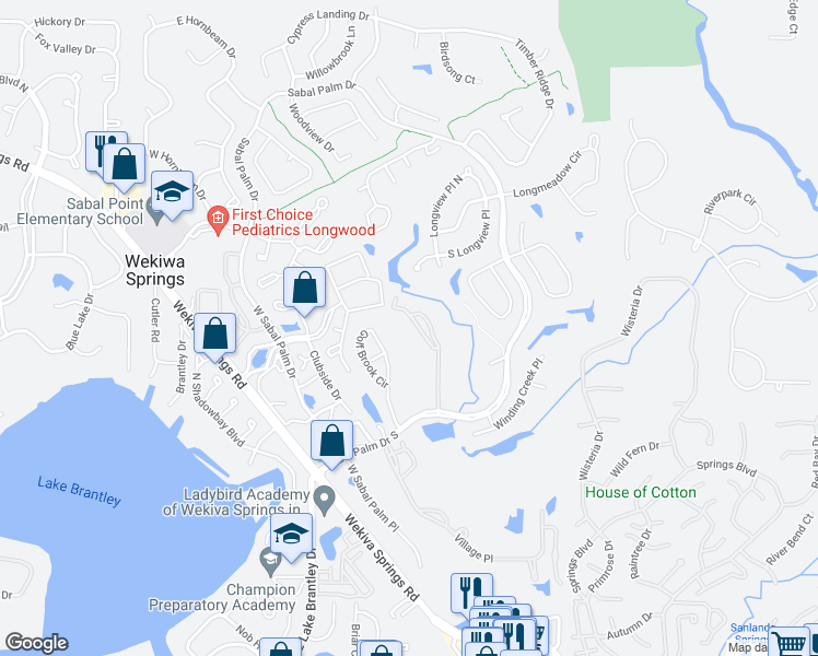 map of restaurants, bars, coffee shops, grocery stores, and more near 380 Golf Brook Circle in Longwood