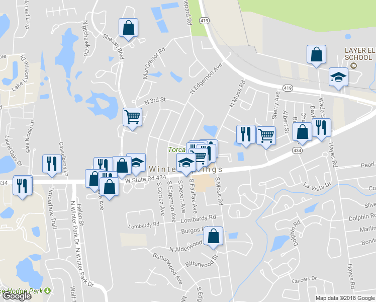 map of restaurants, bars, coffee shops, grocery stores, and more near 54 North Fairfax Avenue in Winter Springs