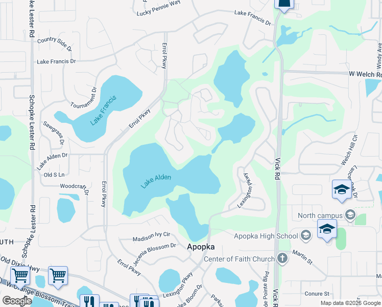 map of restaurants, bars, coffee shops, grocery stores, and more near 1132 Linkside Court in Apopka