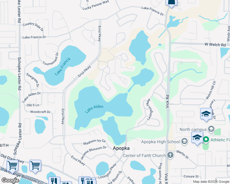 map of restaurants, bars, coffee shops, grocery stores, and more near 1132 Linkside Court in Apopka