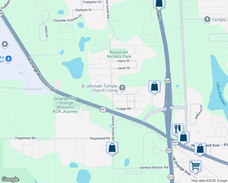 map of restaurants, bars, coffee shops, grocery stores, and more near 1163 Hermit Smith Road in Apopka