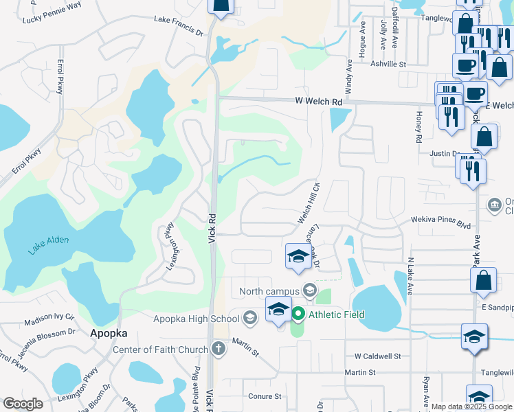map of restaurants, bars, coffee shops, grocery stores, and more near 585 Birch Court in Apopka