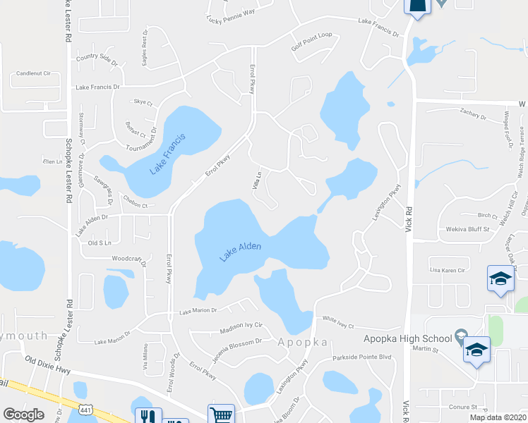 map of restaurants, bars, coffee shops, grocery stores, and more near 1090 Villa Lane in Apopka