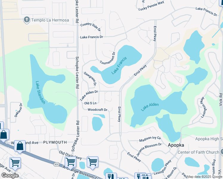 map of restaurants, bars, coffee shops, grocery stores, and more near 1354 Chebon Court in Apopka
