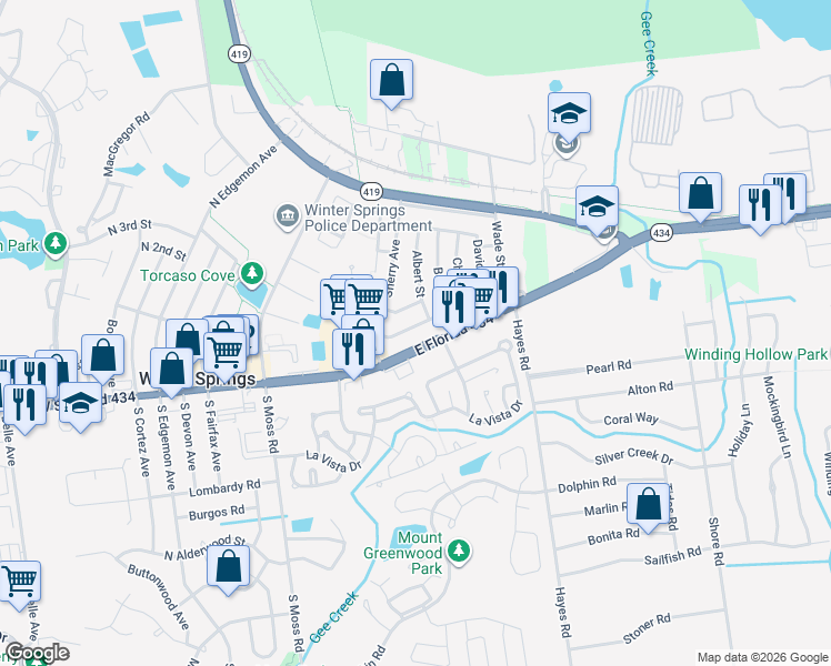 map of restaurants, bars, coffee shops, grocery stores, and more near 406 Edwin Street in Winter Springs