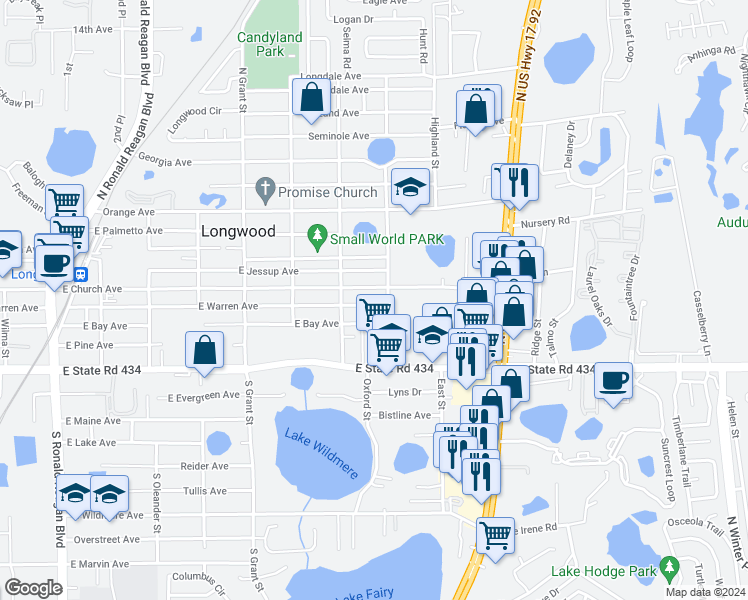 map of restaurants, bars, coffee shops, grocery stores, and more near 763 East Warren Avenue in Longwood