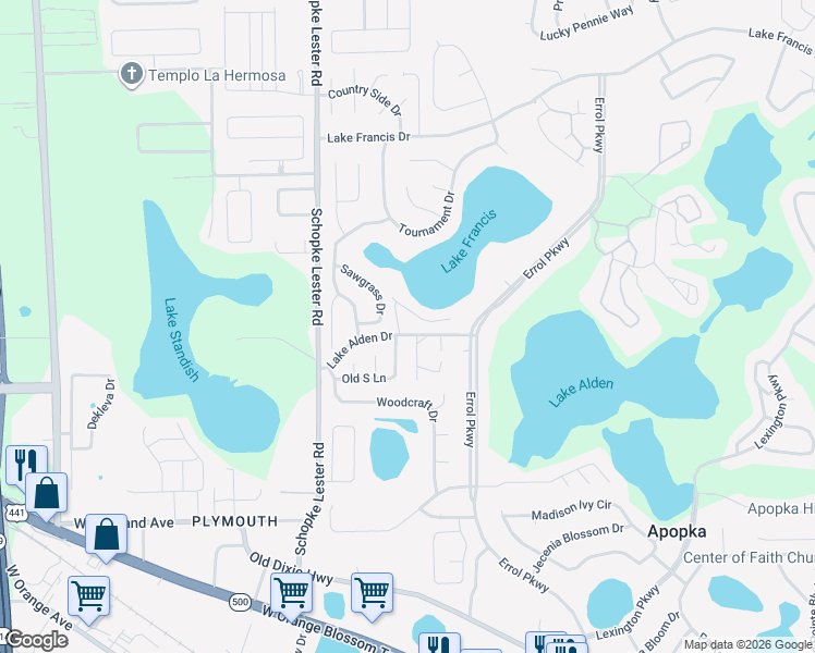 map of restaurants, bars, coffee shops, grocery stores, and more near 2039 Lake Alden Drive in Apopka