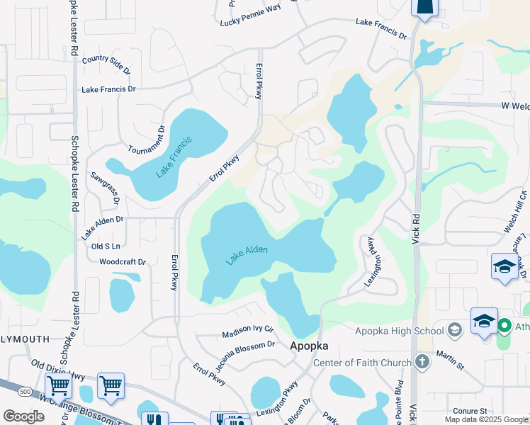 map of restaurants, bars, coffee shops, grocery stores, and more near 1076 Villa Lane in Apopka