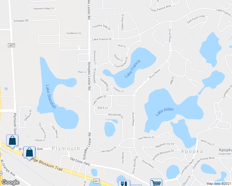 map of restaurants, bars, coffee shops, grocery stores, and more near 1113 Chebon Court in Apopka