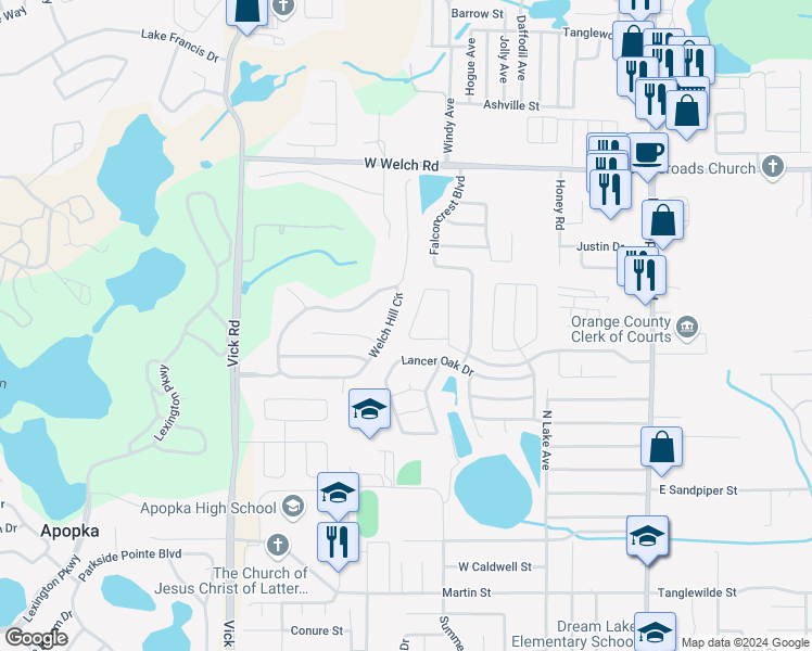 map of restaurants, bars, coffee shops, grocery stores, and more near 1325 Osprey Way in Apopka