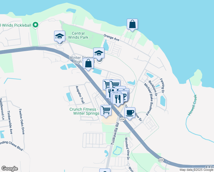 map of restaurants, bars, coffee shops, grocery stores, and more near 141 Bear Springs Drive in Winter Springs