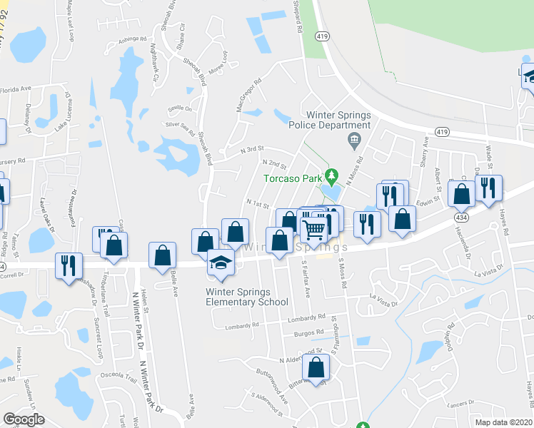 map of restaurants, bars, coffee shops, grocery stores, and more near 80 North Edgemon Avenue in Winter Springs