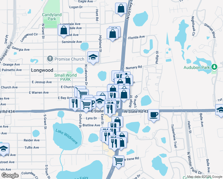 map of restaurants, bars, coffee shops, grocery stores, and more near 901 East Church Avenue in Longwood