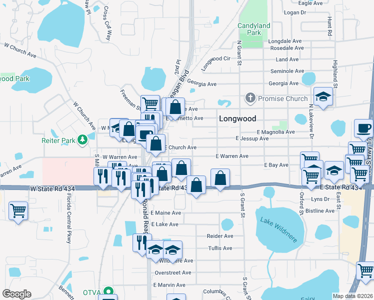 map of restaurants, bars, coffee shops, grocery stores, and more near in Longwood