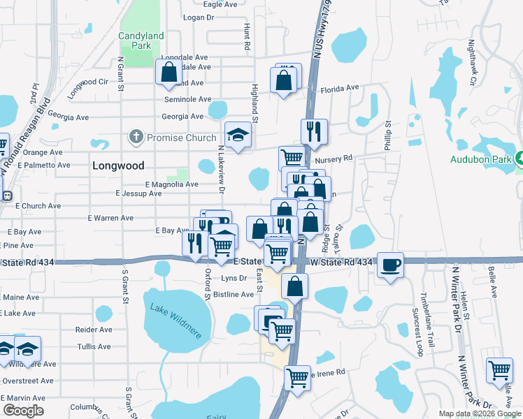 map of restaurants, bars, coffee shops, grocery stores, and more near 853 East Church Avenue in Longwood