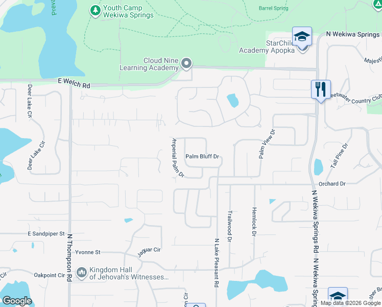 map of restaurants, bars, coffee shops, grocery stores, and more near 1285 Palm Bluff Drive in Apopka