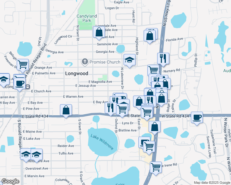 map of restaurants, bars, coffee shops, grocery stores, and more near 735 East Church Avenue in Longwood