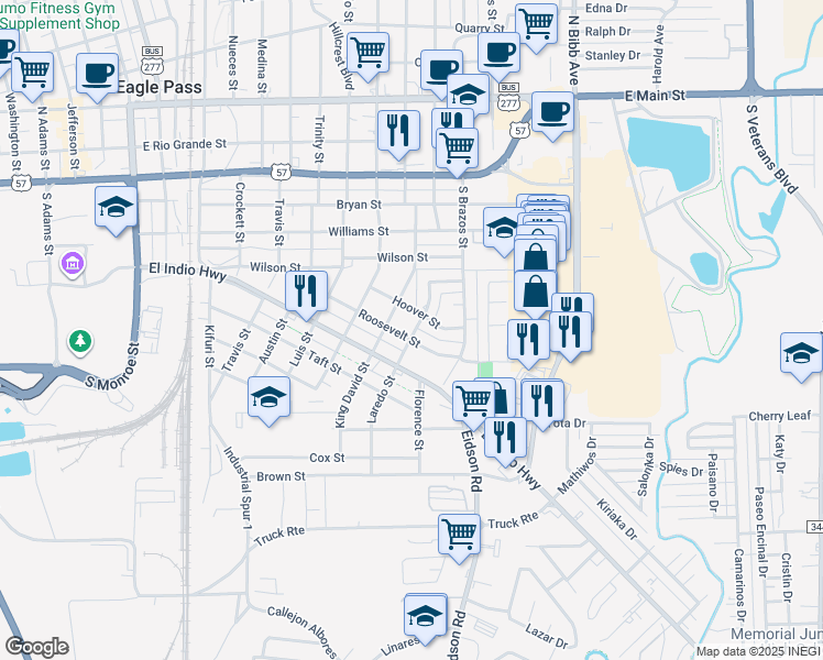 map of restaurants, bars, coffee shops, grocery stores, and more near 1890 Hoover Street in Eagle Pass