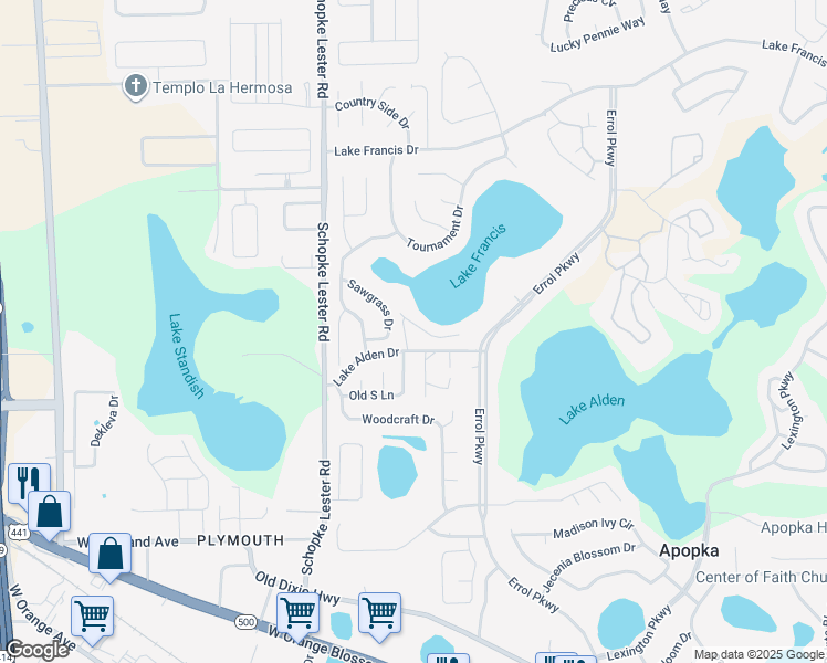 map of restaurants, bars, coffee shops, grocery stores, and more near 1113 Chebon Court in Apopka