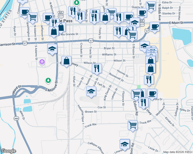 map of restaurants, bars, coffee shops, grocery stores, and more near 1552 El Indio Highway in Eagle Pass